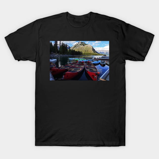 Canoes on Lake Minnewanka Banff National Park Alberta Canada T-Shirt by WayneOxfordPh